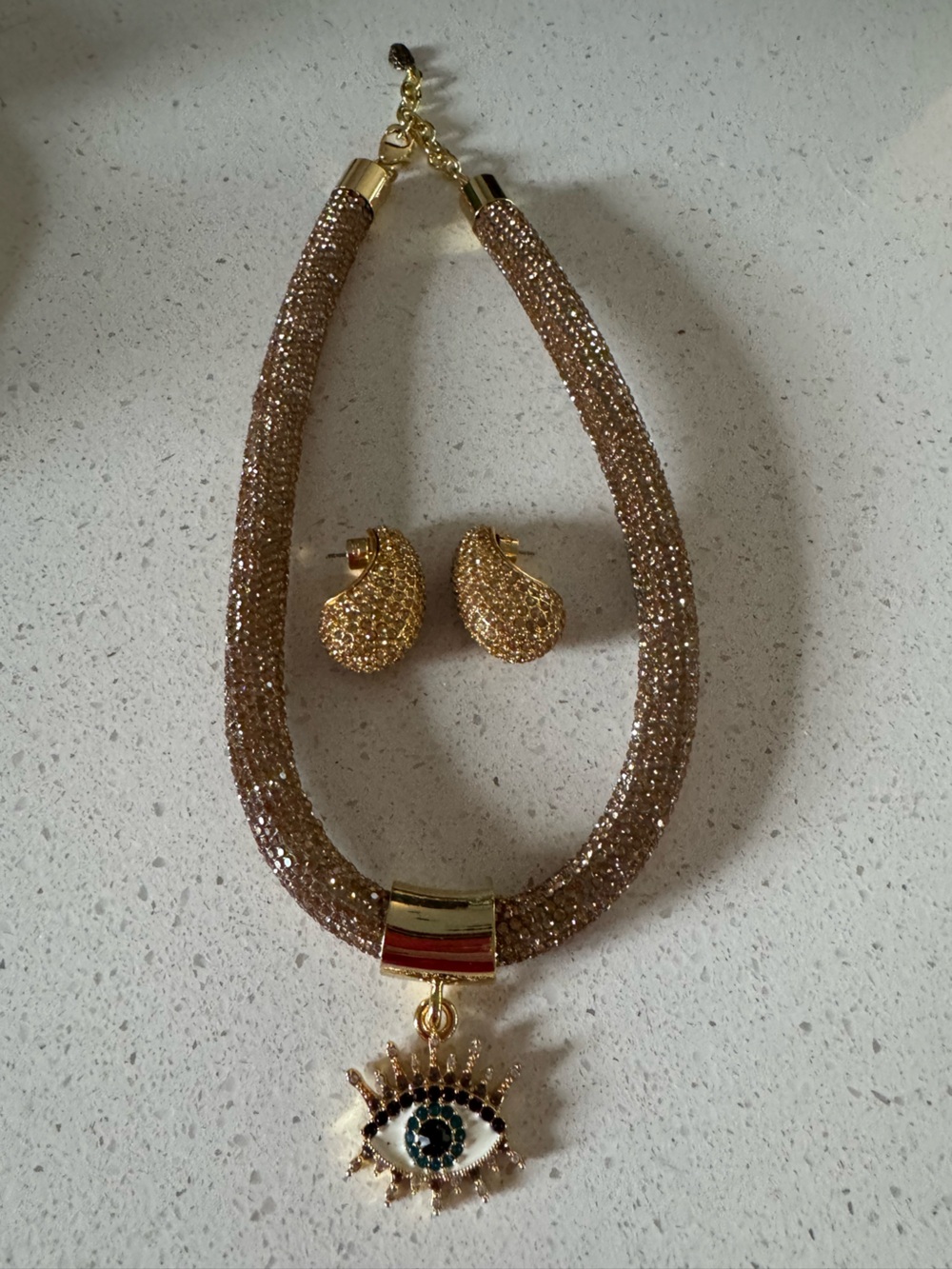 Kurt Geiger Gold-Tone Beaded Necklace & Eye Pendant with Matching Clip Earrings